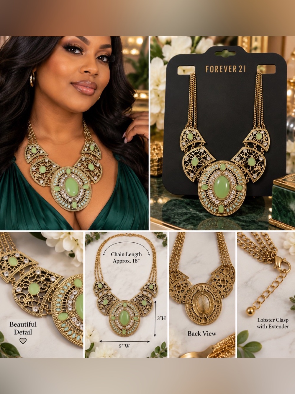 Forever 21 Gold-Tone Statement Necklace with Light Green Stones
